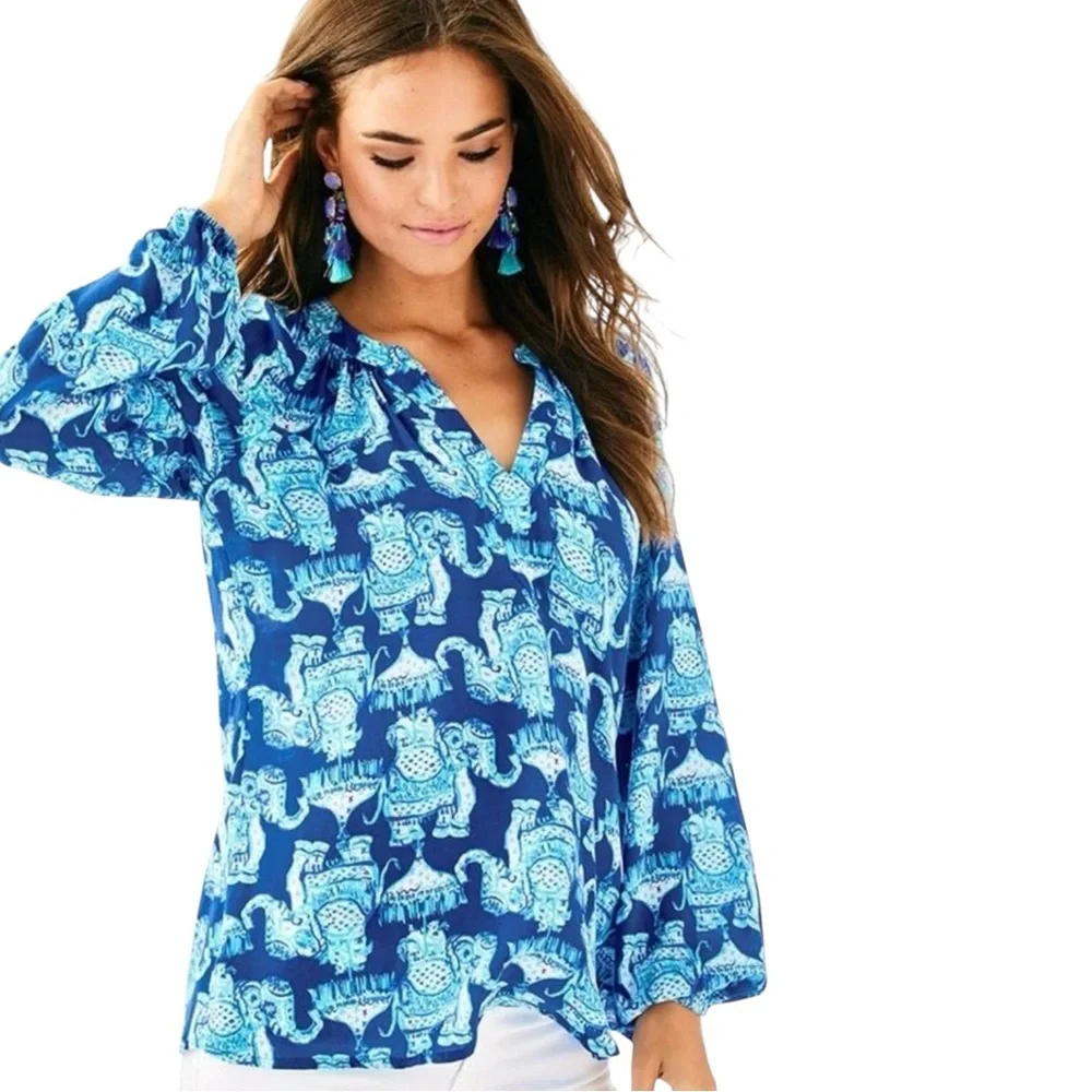 Lilly Pulitzer Martinique Joy Ride Blue Elephant Print Top Women’s Large - Picture 1 of 7